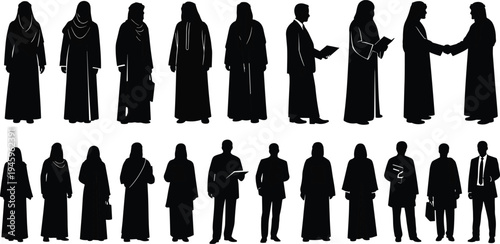 Middle Eastern business silhouettes, cultural diversity, traditional attire