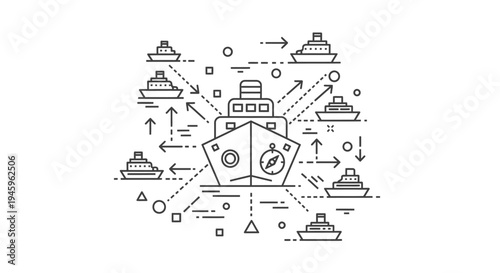 Centralized ship icon connects to surrounding smaller vessels via directional dotted lines illustrating maritime logistics and global network coordination.