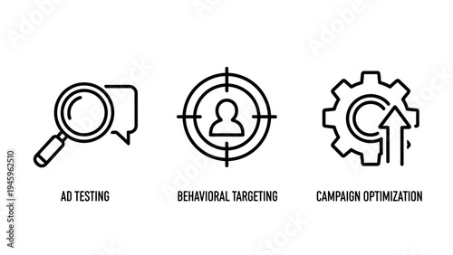 Digital marketing icons for ad testing, behavioral targeting, and campaign optimization with target and gear graphics