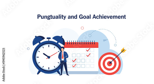 Professional businessman stands next to a giant alarm clock and calendar to demonstrate concepts of punctuality and reaching important goals.