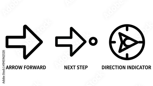 Directional navigation icons for arrow forward, next step, and compass direction indicator symbols