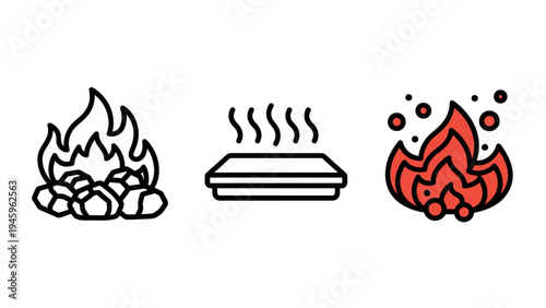 Fire and heat line icon set containing campfire flames hot surface steam and burning coals for industrial or cooking metaphors