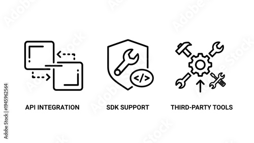 Software development icons for api integration, sdk support, and third-party tools with wrench and gear symbols