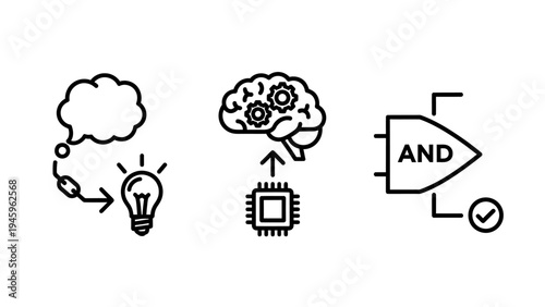 Artificial intelligence and logical reasoning icon set with brain processor interface neural network and computer logic gates