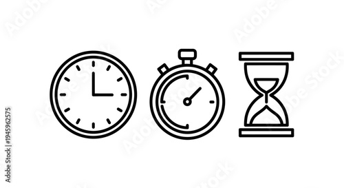 Time management line icon collection including analog clock stopwatch and sand hourglass for productivity and deadline concepts