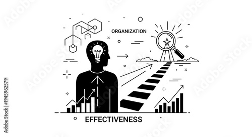 Silhouette of a person with a glowing idea bulb demonstrates effectiveness leading toward organizational goals visualized by a star within a magnifying glass.