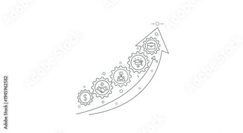 Sequential growth stages represented by ascending gears along a curved arrow depict the progression from financial investment toward educational achievement and success.