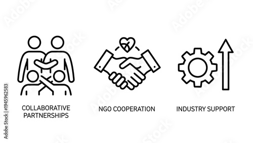 Business partnership and collaboration line icon set featuring team cooperation ngo support and industry growth symbols