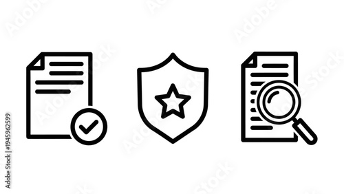 Professional business compliance and document security icon set with protection shield and data inspection symbols