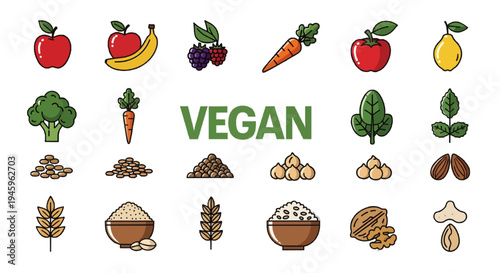 A colorful vegan icon set featuring various fruits, vegetables, grains, and nuts on transparent background