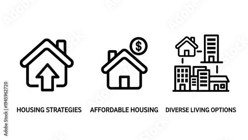 Housing strategy and affordable living icon set with diverse residential options linear vector graphics for real estate and urban planning
