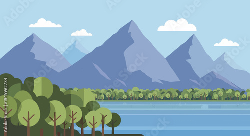 A serene landscape illustration of mountains and lake