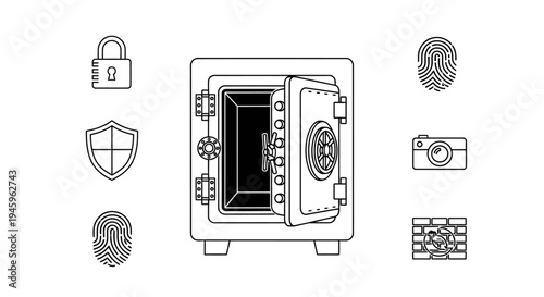 Security concept features an open safe surrounded by various protection icons including a padlock, shield, camera, and fingerprint scanners on a white background.