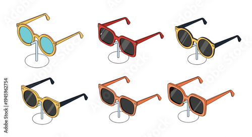 Collection of stylish colorful sunglasses in various shapes and designs are displayed on individual stands against a clean white background.