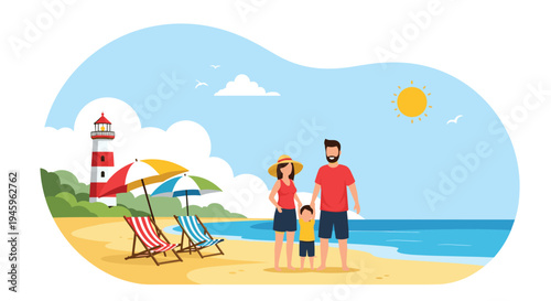 Happy family with a young child enjoys a sunny day at a tropical beach near a red and white lighthouse with beach chairs and umbrellas.
