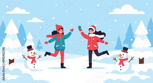 Two happy young girls in warm winter clothing play together in the snow surrounded by pine trees and cheerful snowmen during a winter holiday.