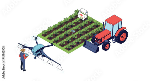 Modern smart farming concept features a farmer using an automated drone to spray crops in a field near a large red tractor with wireless tech.