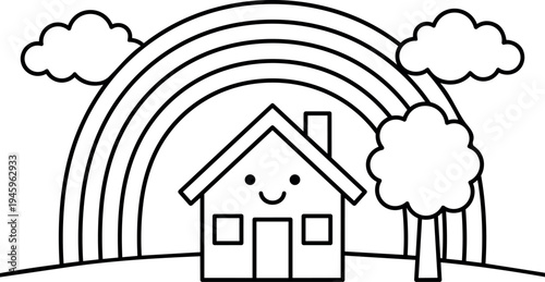 Cute smiling house with chimney under large rainbow with fluffy clouds and tree on hill vector line art illustration