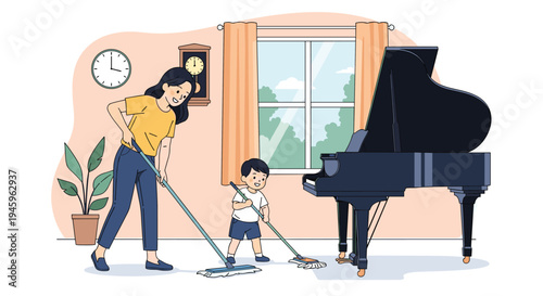 Diligent mother and her young son work together to clean a living room with mops next to a large black grand piano and a tall wall clock.