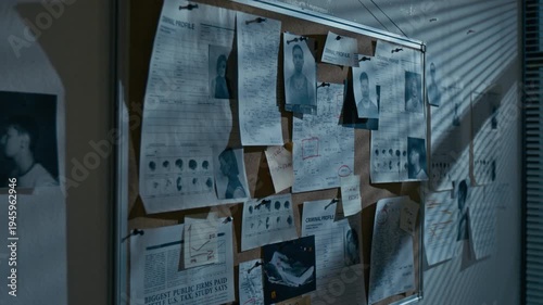 Close up shot of pinboard on wall in police station with suspects profiles and clues, dramatic night scene, background image with no people