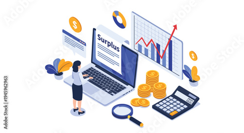 Professional woman analyzes financial surplus data on a laptop surrounded by golden coins, bar graphs, and a calculator on a blue background.