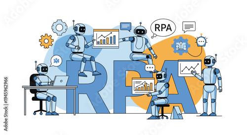 Robotic process automation concept features several sleek robots working at desks and analyzing business data on various digital chart displays.