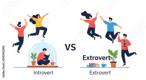 Comparison of introvert and extrovert personalities shows a quiet man reading under a dome while active people socialize and jump with energy.