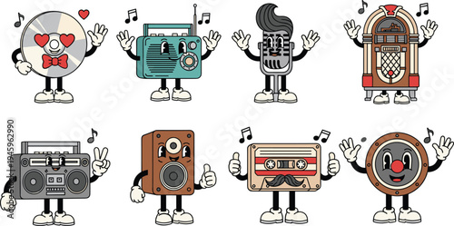 Cartoon musical device characters, anthropomorphic audio icons, vintage jukebox boombox cassette, playful speaker microphone radio, music celebration illustration concept