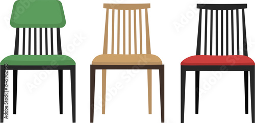 Modern Dining Chair Set in Green, Beige, and Red Colors, Flat Vector Illustration Isolated