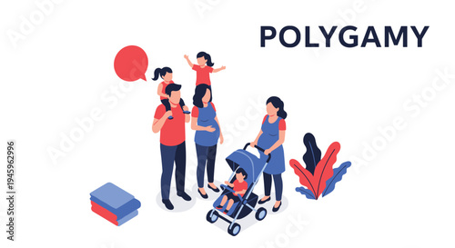 Isometric illustration of a polygamous family structure includes a man with multiple pregnant wives and several young children playing together.