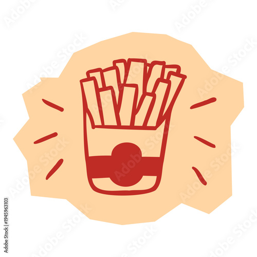 French fries in a paper box container in simple hand drawn style for scrapbook and journal. Vector illustration design.