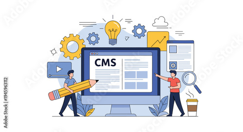 Team of web developers works together around a large computer screen to manage digital content using a content management system or CMS tool.