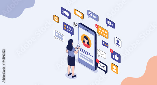 Social media manager uses her smartphone to track notifications and engagement metrics represented by colorful floating icons and star ratings.