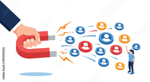 Lead generation concept shows a giant hand holding a red magnet to attract various people icons, symbolizing marketing and customer acquisition.