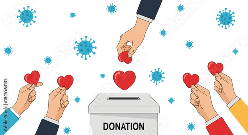 People donate red hearts into a donation box to show support and charity during a viral outbreak represented by floating virus cell symbols.