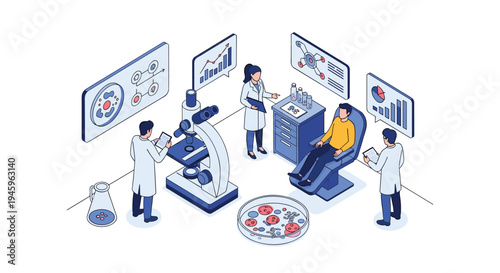 Medical professionals work in a high-tech laboratory using a microscope and data charts to examine biological samples for scientific research.