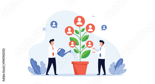 Two businessmen water a growing plant that has red circles with people icons instead of leaves, representing the growth of human resources.
