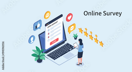 Woman uses a laptop to complete an online survey surrounded by social media icons and feedback stars to provide customer satisfaction data.