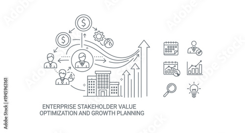 Business people icons illustrate a complex stakeholder value optimization process flowing toward corporate growth represented by upward trending bar charts and building structures.