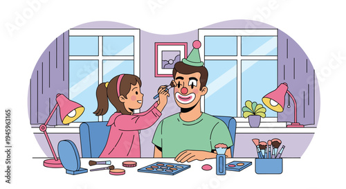 Young girl uses a brush and colorful makeup to transform a smiling man into a clown with a red nose and a pointed party hat in a room.