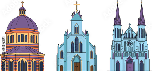 Cathedral illustration set, dome church, spire tower, twin spires, rose window, arched facade, religious architecture, historic building vector design