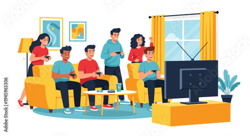 Group of friends gathered in a living room having a great time playing video games on a television together in an apartment.