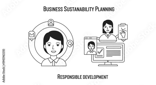Business sustainability planning graphic displays a smiling professional interacting with digital profiles and checklists for responsible development.