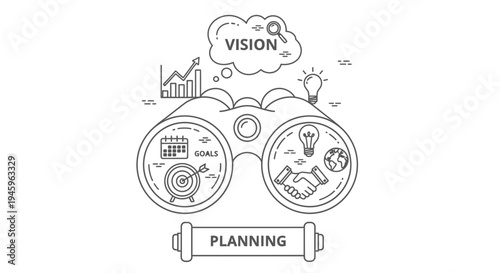 Binoculars illustrate future business strategy showing goals, vision, light bulb ideas, and handshake agreements for planning.