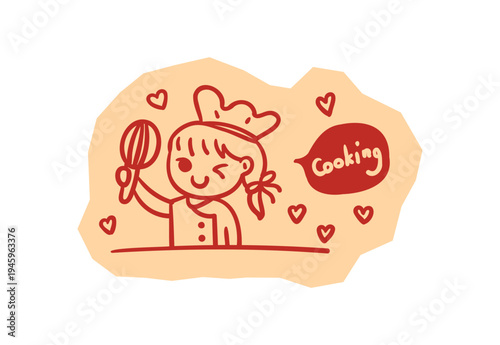 Happy Girl Chef Holding Whisk with Cooking Speech Bubble and Hearts for scrapbook and journal. Vector illustration design.