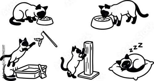 Black and white vector art of playful siamese cats feeding playing scratching and sleeping in various poses