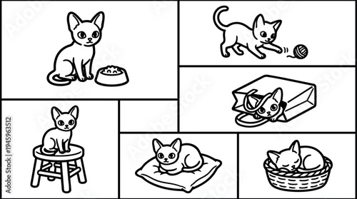 Black and white line art cats sitting playing with yarn in bag sleeping on stool pillow and basket cute kitty illustrations