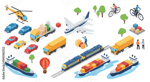 Large collection of transport and logistics elements including plane, train, ships, trucks, and cars for global trade.