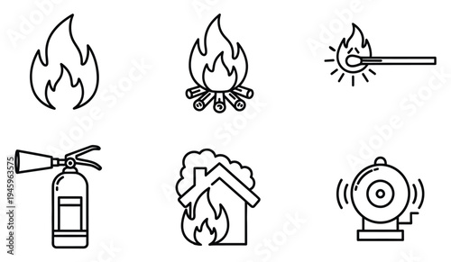 Fire safety icons including flames fire extinguisher and burning house