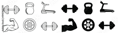 A collection of various dumbbell and weightlifting equipment illustrations in black and white